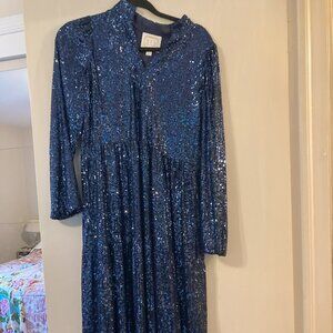 Sparkly Deep Blue Sail to Sable Sequin Midi Dress